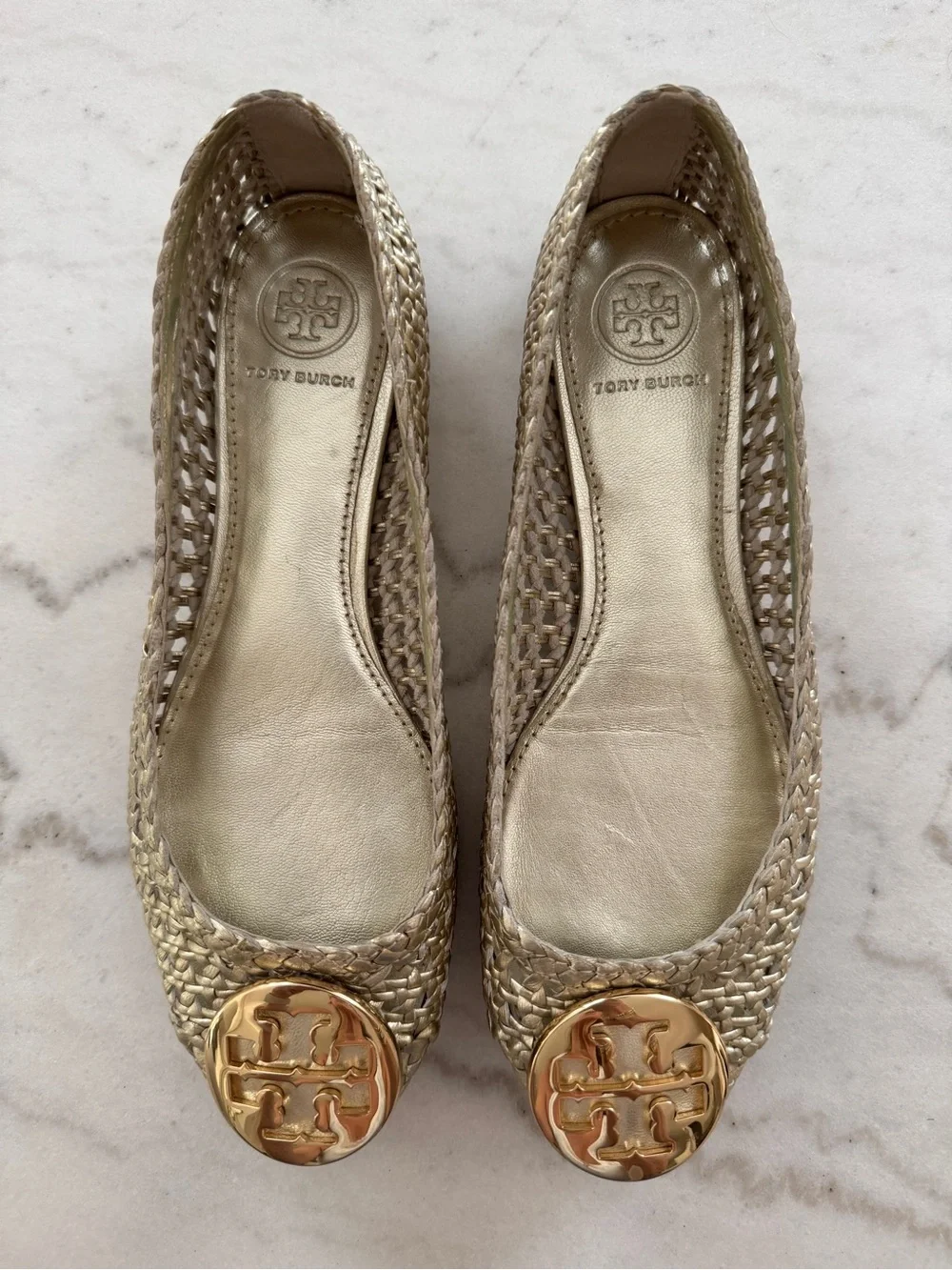 Tory Burch Metallic Gold Woven Logo Ballet Flats